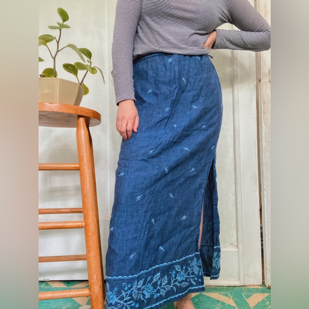 blue linen Ann Taylor maxi with adjustable waist — see measurements